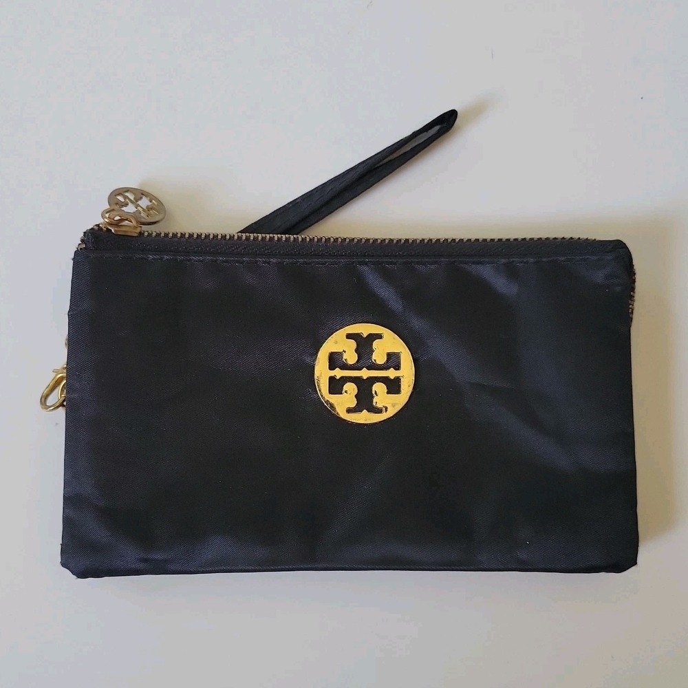 Tory Burch Black Nylon Wristlet Pouch Gold Tone Logo Cocktail Compact Minimalist